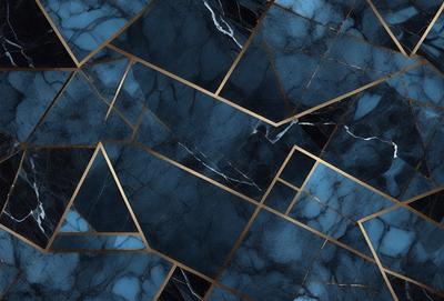 The primary subject of the image is a blue and gold marble tile pattern. The setting is a blue and gold marble tile wall, which serves as the background. The visual style is a close-up of the tile pattern, showcasing the intricate details of the design. The colors and mood of the image are predominantly blue and gold, creating a luxurious and elegant atmosphere.