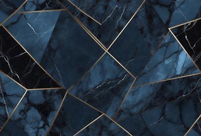 The primary subject of the image is a blue and gold marble tile pattern. The setting is a blue and gold marble tile wall, which serves as the background. The visual style is a close-up of the tile pattern, showcasing the intricate design. The colors and mood of the image are predominantly blue and gold, creating a luxurious and elegant atmosphere.