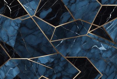 The primary subject of the image is a blue and gold marble pattern. The setting is a black and gold marble surface, which serves as the background. The visual style is a combination of photo and digital art, creating a unique and intricate design. The dominant colors are blue and gold, giving the image a luxurious and elegant appearance.