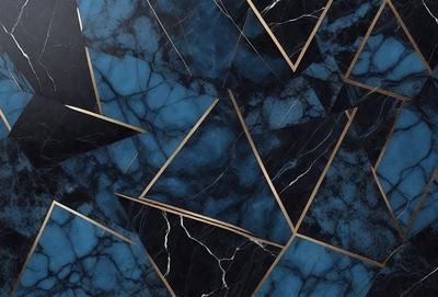 The primary subject of the image is a blue and gold marble tile pattern. The setting is a blue and gold marble tile wall, which serves as the background. The visual style is a close-up of the tile pattern, showcasing the intricate details of the design. The colors and mood of the image are predominantly blue and gold, creating a luxurious and elegant atmosphere.
