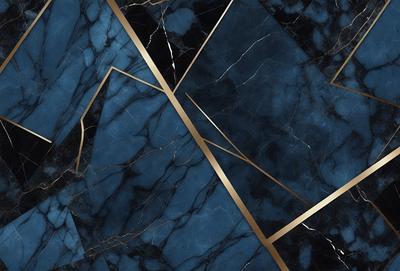The primary subject of the image is a blue and gold marble pattern. The setting is a blue and gold marble wall, which serves as the backdrop for the pattern. The visual style is a combination of digital art and illustration, creating a unique and eye-catching design. The dominant colors are blue and gold, giving the image a luxurious and elegant appearance.
