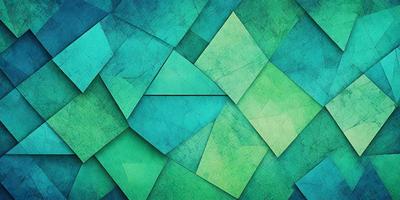 The primary subject of the image is a green and blue geometric pattern. The setting is a blue and green background, which adds to the visual style. The image is a digital art piece, showcasing a unique and colorful design. The dominant colors are green and blue, creating a vibrant and lively atmosphere.