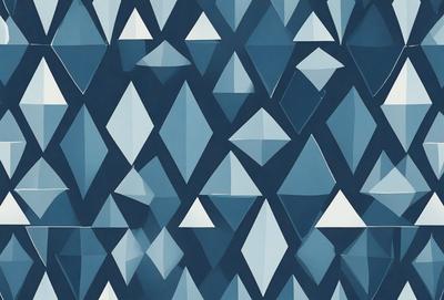 The primary subject of the image is a blue and white geometric pattern, featuring a series of triangles and diamond shapes. The setting is a blue background, which complements the pattern and adds to the overall visual style. The image appears to be a digital art or illustration, showcasing the artist's skill in creating a cohesive and visually appealing design. The dominant colors are blue and white, creating a calm and soothing atmosphere.