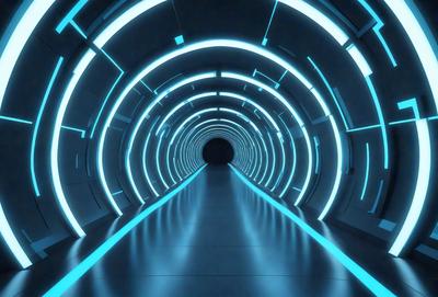 The primary subject of the image is a long, blue tunnel with a brightly lit interior. The tunnel appears to be a futuristic, high-tech passage, possibly leading to another location or a space station. The setting is a dark, enclosed space, and the visual style is a combination of digital art and illustration. The dominant colors in the image are blue and white, creating a sense of depth and a futuristic atmosphere.