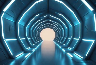 The primary subject of the image is a tunnel-like structure with a blue lighting effect. The tunnel appears to be a futuristic, high-tech environment. The setting is a dark, enclosed space with a blue glow illuminating the tunnel. The visual style of the image is a combination of futuristic design and a blue lighting effect, creating a unique and captivating atmosphere. The colors and mood of the image are predominantly blue, giving it a cool and modern feel.