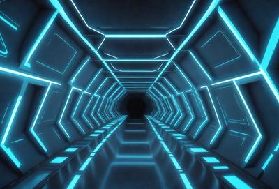 The primary subject of the image is a long, narrow, blue-lit tunnel. The setting is a futuristic, high-tech environment, with the tunnel's walls and ceiling illuminated by a blue glow. The visual style is a digital art or illustration, creating a sense of depth and intrigue. The colors and mood of the image are predominantly blue, with a slightly darker tone, giving the impression of a futuristic space.