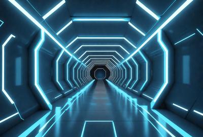 The primary subject of the image is a long, narrow tunnel with a blue lighting effect. The tunnel appears to be a futuristic, high-tech space, possibly a part of a transportation system or a subterranean passage. The setting is a dark, enclosed space, and the visual style is a combination of digital art and illustration. The dominant colors in the image are blue and white, creating a cool and futuristic atmosphere.