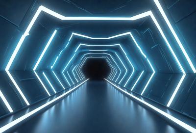 The primary subject of the image is a long, narrow tunnel with a blue light illuminating it. The tunnel appears to be made of metal, and the lighting creates a futuristic atmosphere. The setting is a dark, enclosed space, and the visual style is a combination of a photo and digital art. The dominant colors are blue and black, with the blue light creating a sense of depth and mystery.