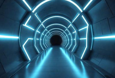 The primary subject of the image is a long, blue-lit tunnel. The setting is a dark, enclosed space with a blue glow illuminating the tunnel. The visual style is a digital art or illustration, creating a futuristic and surreal atmosphere. The dominant colors are blue and black, with the blue lighting creating a sense of depth and mystery.