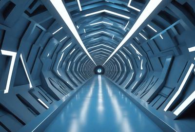 The primary subject of the image is a long, narrow, and brightly lit tunnel. The setting is a futuristic environment, with the tunnel being illuminated by a series of lights. The visual style is a combination of a photo and digital art, creating a unique and captivating atmosphere. The dominant colors are blue and white, which contribute to the futuristic and modern feel of the scene.