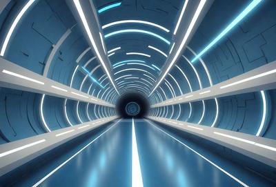 The primary subject of the image is a long, narrow tunnel with a blue light illuminating it. The tunnel appears to be a part of a futuristic space station. The setting is a futuristic environment, and the visual style is digital art. The dominant colors in the image are blue and white, creating a calm and futuristic atmosphere.