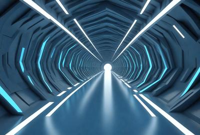 The primary subject of the image is a tunnel with a blue light illuminating it. The setting is a futuristic environment, and the visual style is digital art. The dominant colors are blue and white, creating a calm and serene atmosphere.