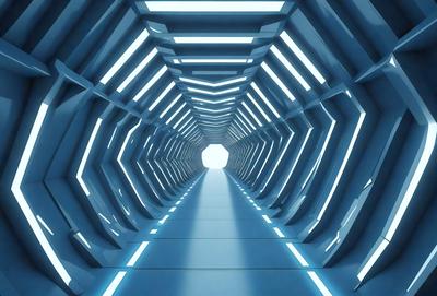 The primary subject of the image is a long, narrow tunnel with a blue light illuminating it. The tunnel appears to be made of metal, and it is surrounded by a blue light that creates a futuristic atmosphere. The setting is a tunnel, and the visual style is a digital art or illustration. The colors and mood of the image are predominantly blue, giving it a cool and futuristic vibe.