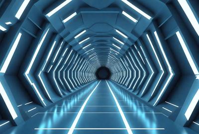 The primary subject of the image is a long, narrow tunnel with a blue lighting effect. The setting is a futuristic environment, possibly a space station or a subterranean passage. The visual style is a digital art or illustration, creating a sense of depth and intrigue. The dominant colors are blue and white, giving the scene a cool and futuristic atmosphere.