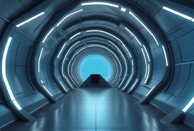 The primary subject of the image is a long, narrow tunnel with a blue light illuminating it. The tunnel appears to be a part of a futuristic setting, possibly a space station or a high-tech facility. The visual style of the image is a combination of photo and digital art, creating a unique and captivating atmosphere. The dominant colors in the image are blue and white, which contribute to the futuristic and technological feel of the scene.