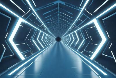 The primary subject of the image is a long, narrow tunnel with a blue light illuminating it. The setting is a futuristic environment, possibly a space station or a high-tech facility. The visual style is a combination of digital art and illustration, creating a sense of depth and intrigue. The dominant colors are blue and white, giving the scene a cool and modern atmosphere.