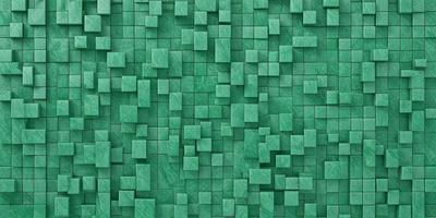 The primary subject of the image is a green brick wall. The setting is a green brick wall with a pattern of green squares. The visual style is a close-up of the green brick wall, showcasing the intricate pattern of the green squares. The colors and mood of the image are predominantly green, creating a calm and serene atmosphere.