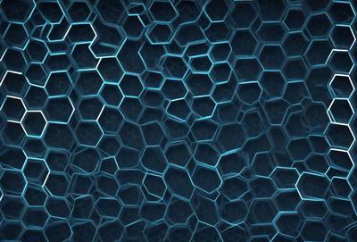 The primary subject of the image is a blue, hexagonal pattern. The setting is a dark blue background, which creates a contrast with the pattern. The visual style is a digital art or illustration, as the pattern appears to be a part of a larger design. The colors and mood of the image are predominantly dark and moody, with the blue pattern providing a sense of depth and intrigue.