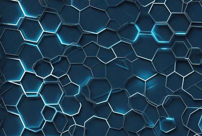 The primary subject of the image is a blue, geometric pattern. The setting is a blue background, and the visual style appears to be a digital art or illustration. The dominant colors are blue and white, creating a calm and soothing atmosphere.