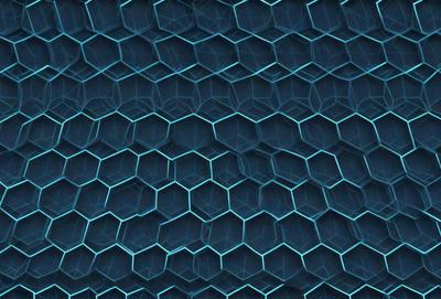 The primary subject of the image is a blue, geometric pattern. The setting is a blue background, and the visual style appears to be a digital art or illustration. The dominant colors are blue and green, creating a calm and soothing atmosphere.