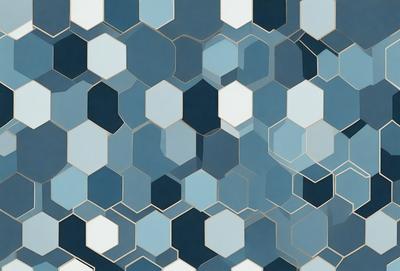 The primary subject of the image is a blue and white patterned tile. The setting is a blue and white tiled wall, which serves as the background. The visual style is a combination of digital art and illustration, creating a unique and eye-catching design. The dominant colors are blue and white, giving the image a clean and modern appearance.