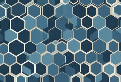 The primary subject of the image is a blue and white geometric pattern, which is the main focus of the image. The setting is a blue background, and the visual style is a digital art or illustration. The dominant colors are blue and white, creating a calm and soothing atmosphere.