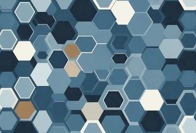 The primary subject of the image is a blue and white geometric pattern, which is the main focus of the image. The setting is a blue and white background, and the visual style is a digital art or illustration. The dominant colors are blue and white, creating a calm and soothing atmosphere.