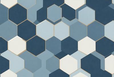 The primary subject of the image is a blue and white geometric pattern, which is the main focus of the image. The setting is a blue background, and the visual style is a combination of digital art and illustration. The dominant colors are blue and white, creating a calm and soothing atmosphere.