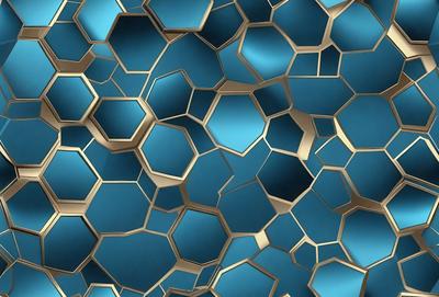 The primary subject of the image is a blue and gold patterned surface. The setting is a close-up of the pattern, which appears to be a honeycomb-like structure. The visual style is a combination of digital art and illustration, creating a unique and intricate design. The dominant colors are blue and gold, giving the image a rich and luxurious appearance.