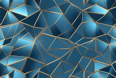 The primary subject of the image is a blue background with a pattern of gold triangles. The setting is a blue background with a pattern of gold triangles. The visual style is a photo of a blue background with a pattern of gold triangles. The colors and mood are dominated by the blue background and the gold triangles, creating a sense of depth and intricacy.