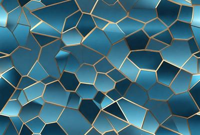 The primary subject of the image is a blue and gold patterned wallpaper. The setting is a blue wall, and the visual style is a close-up of the pattern. The dominant colors are blue and gold, creating a rich and luxurious atmosphere.
