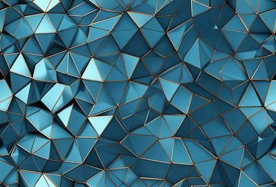 The primary subject of the image is a blue and gold geometric pattern. The setting is a blue background, and the visual style appears to be a digital art or illustration. The dominant colors are blue and gold, creating a vibrant and lively atmosphere.