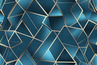 The primary subject of the image is a blue and gold geometric pattern. The setting is a blue background, and the visual style appears to be a digital art or illustration. The dominant colors are blue and gold, creating a sense of depth and sophistication.