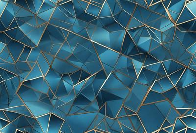 The primary subject of the image is a blue and gold geometric pattern. The setting is a blue background, and the visual style appears to be a digital art or illustration. The dominant colors are blue and gold, creating a sense of depth and sophistication.