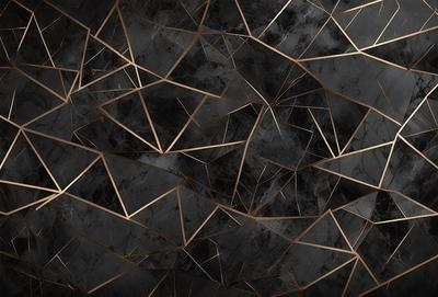 The primary subject of the image is a black and gold patterned wallpaper. The setting is a black background, and the visual style is a close-up of the pattern. The dominant colors are black and gold, creating a bold and luxurious atmosphere.
