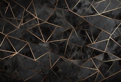 The primary subject of the image is a black and gold patterned wallpaper. The setting is a black background, and the visual style is a close-up of the pattern. The dominant colors are black and gold, creating a bold and luxurious atmosphere.
