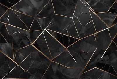The primary subject of the image is a black and gold marble pattern. The setting is a black background, and the visual style appears to be a combination of a photo and digital art. The dominant colors are black and gold, creating a sophisticated and elegant atmosphere.