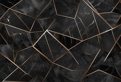 The primary subject of the image is a black and gold marble pattern. The setting is a black background, and the visual style appears to be a combination of a photo and digital art. The dominant colors are black and gold, creating a sophisticated and elegant atmosphere.