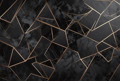 The primary subject of the image is a black and gold marble patterned wall. The setting is a room with a black and gold marble wall as the main focus. The visual style is a close-up of the marble wall, showcasing its intricate pattern. The colors and mood of the image are predominantly black and gold, giving it a luxurious and elegant appearance.