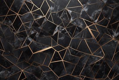 The primary subject of the image is a black and gold marble wall with a geometric pattern. The setting is a room with a black and gold marble floor. The visual style is a close-up of the marble wall, showcasing the intricate design. The dominant colors are black and gold, creating a luxurious and elegant atmosphere.