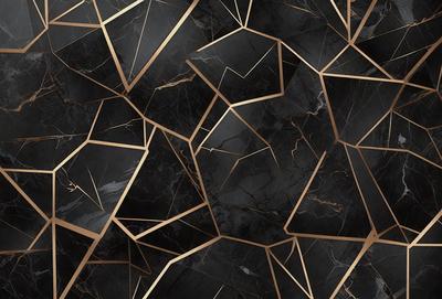 The primary subject of the image is a black and gold marble pattern. The setting is a black and gold marble wall, which serves as the background. The visual style is a close-up of the marble pattern, showcasing the intricate details of the design. The colors and mood of the image are predominantly black and gold, creating a luxurious and elegant atmosphere.