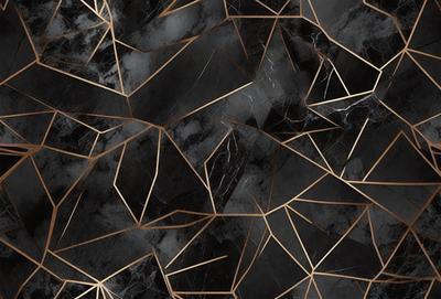 The primary subject of the image is a black and gold marble pattern. The setting is a black and gold marble wall, which serves as the background. The visual style is a combination of a photo and digital art, creating a unique and intricate pattern. The colors and mood of the image are predominantly black and gold, giving it a sophisticated and elegant appearance.