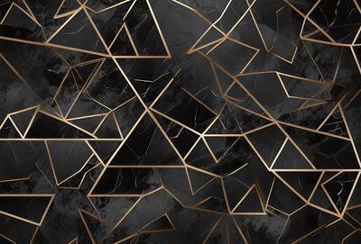 The primary subject of the image is a black and gold patterned wallpaper. The setting is a black and gold patterned wallpaper, which creates a unique and visually striking environment. The visual style is a combination of digital art and illustration, giving the image a modern and artistic appearance. The dominant colors are black and gold, creating a bold and luxurious atmosphere.