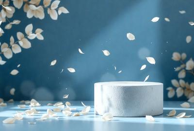 The primary subject of the image is a white, round object, possibly a plate or a bowl, placed on a table. The setting is a blue background, which adds a contrasting color to the scene. The visual style appears to be a photo, as it captures the details of the white object and the surrounding environment. The colors and mood of the image are predominantly blue and white, creating a calm and serene atmosphere.
