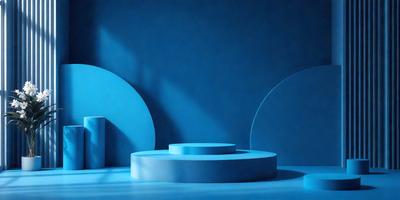 The primary subject of the image is a blue circle, which is the main object in the scene. The setting is a blue wall, and the visual style appears to be a photo. The dominant colors in the image are blue and white, creating a calm and serene atmosphere.