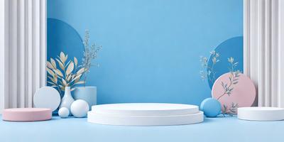 The primary subject of the image is a white table with a blue background. The table is placed in front of a blue wall, and there are two vases on either side of the table. The vases are filled with branches, creating a visually appealing and natural arrangement. The overall atmosphere of the image is calm and serene, with the blue color palette adding a sense of tranquility to the scene.