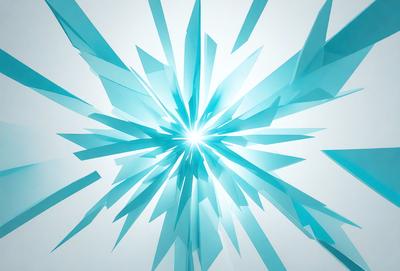 The primary subject of the image is a large, blue, three-dimensional crystal structure. The setting is a white background, which provides a clean and minimalist appearance. The visual style is a combination of digital art and illustration, creating a unique and eye-catching design. The dominant colors are blue and white, giving the image a cool and modern feel.