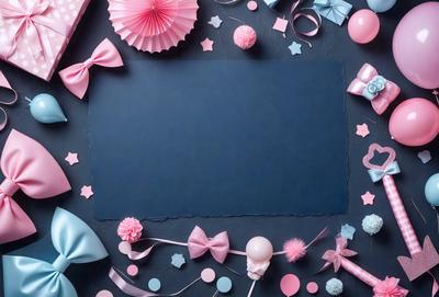 The primary subject of the image is a blue frame with a blank space in the center. The setting is a table with a variety of pink and blue decorations, including stars, bows, and balloons. The visual style is a combination of photo and digital art, creating a unique and eye-catching display. The colors and mood of the image are predominantly pink and blue, giving it a warm and inviting atmosphere.
