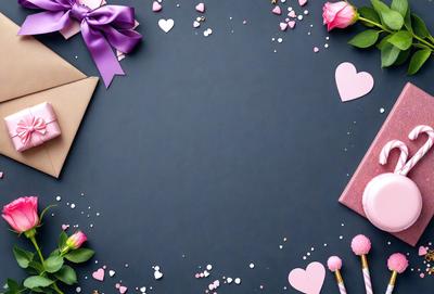 The primary subject of the image is a black background with a white heart-shaped frame. The setting is a table with a variety of items, including a bow, a heart-shaped box, and a pink heart. The visual style is a combination of a photo and digital art, creating a unique and creative presentation. The colors and mood are predominantly pink and heartwarming, with a touch of elegance and romance.