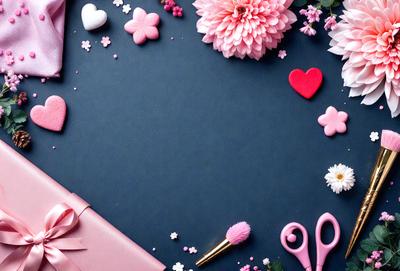 The primary subject of the image is a pink heart-shaped frame with a blue background. The setting is a table with various items placed around the heart-shaped frame. The visual style is a combination of photo and digital art, creating a unique and creative presentation. The colors and mood are predominantly pink and heartwarming, with the blue background adding a touch of calmness to the scene.